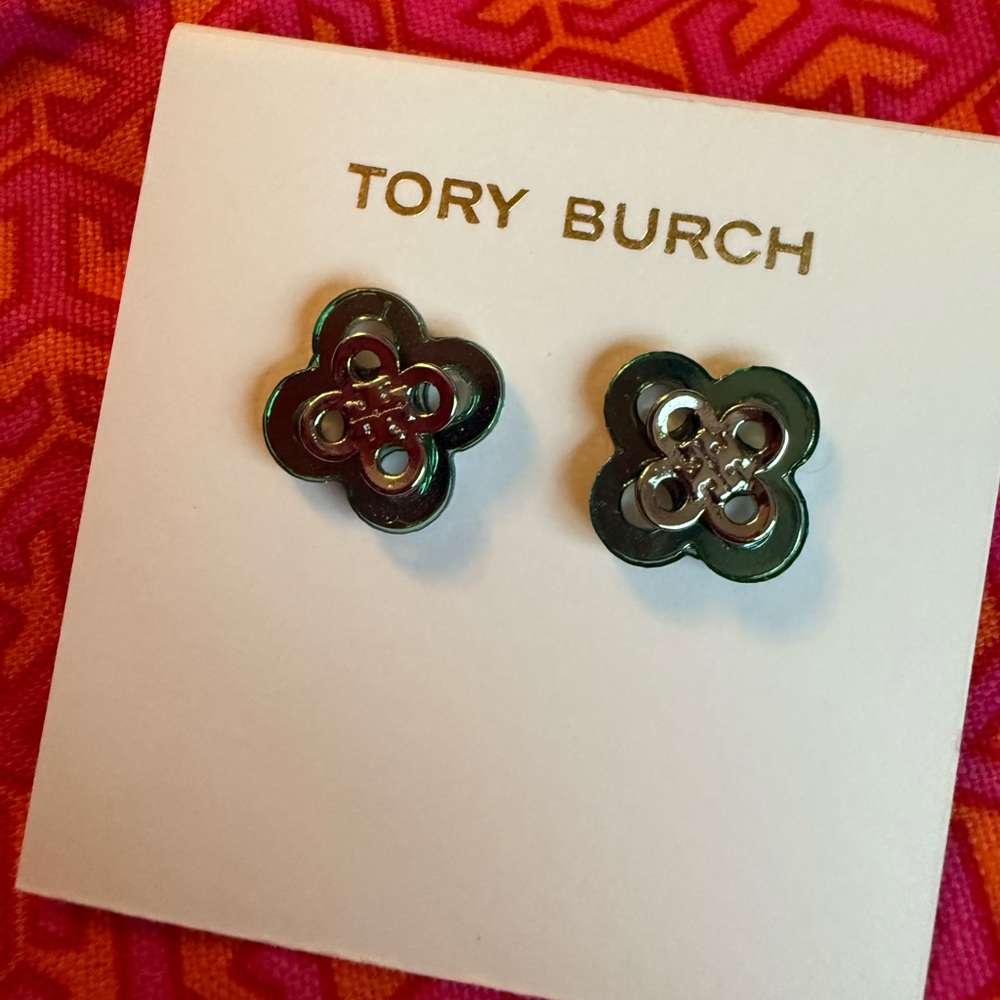 Tory Burch green and silver Clover Earrings